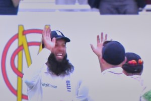 Moeen Ali celebrates after sealing victory 