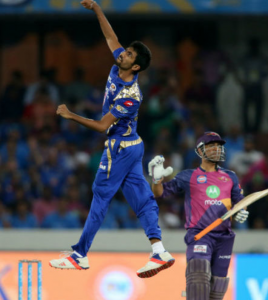 Jasprit Burmah leaps after taking Dhoni's wicket