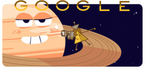 The doodle shows a cartoon spacecraft next to a cartoon version of Saturn and its rings, taking photos as Saturn smiles
