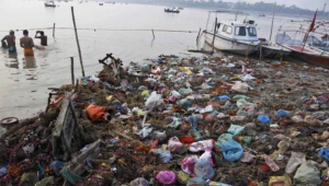 Polluted Ganges river bank