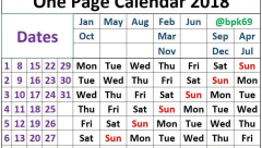 One page calendar for 2018
