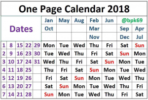 One page calendar for 2018