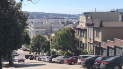 Steep Lombard Street with beautiful gardens