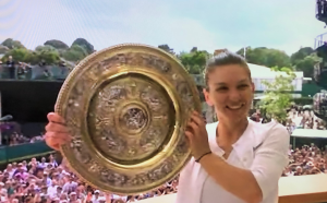 Simona Halep lifting the Women's Wimbledon Grand Slam trophy