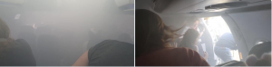 Panicked passengers escape through the chutes out of the smoke filled aircraft