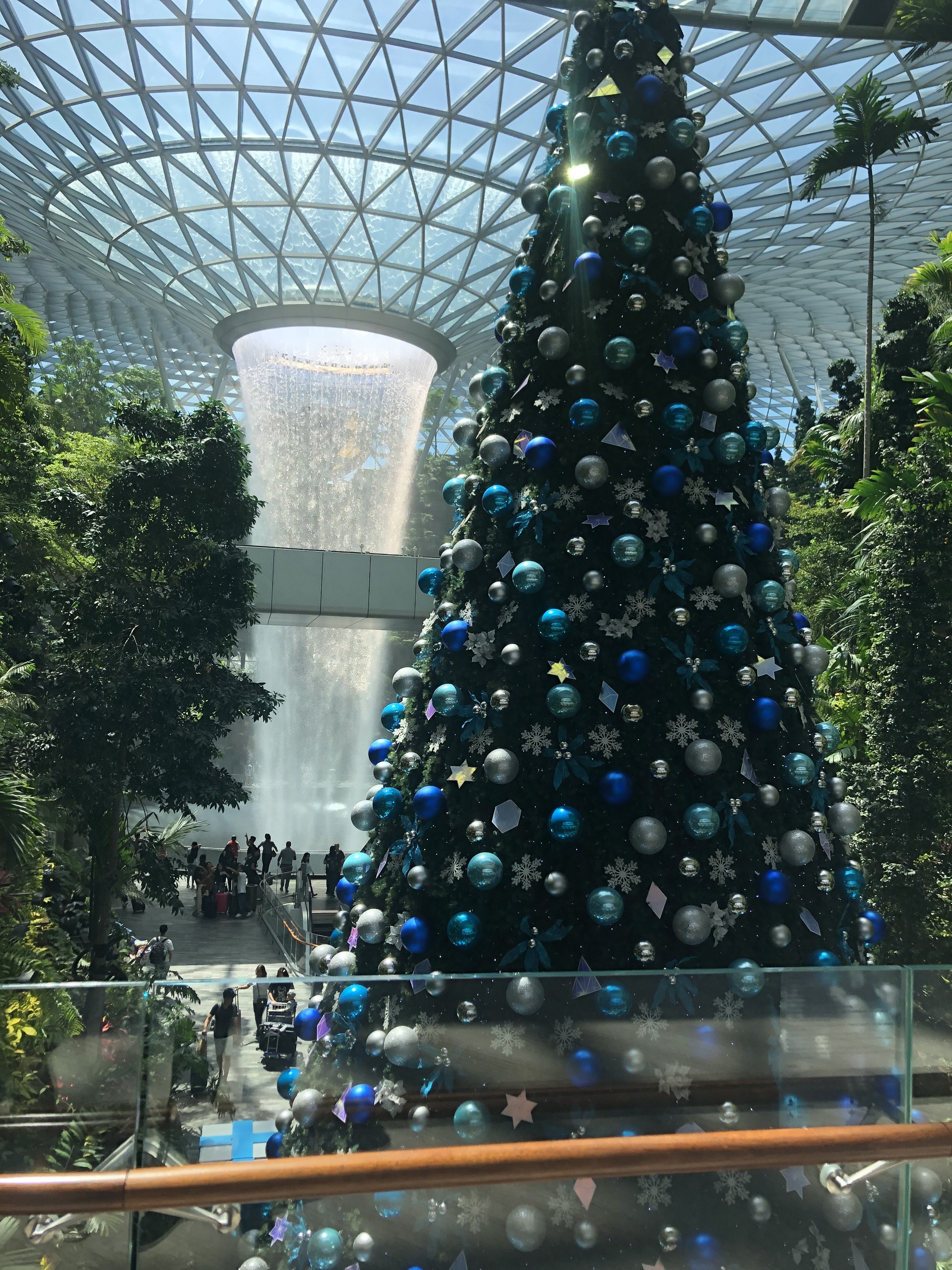 Christmas Tree at Singapore Changi airport with artificial waterfall.