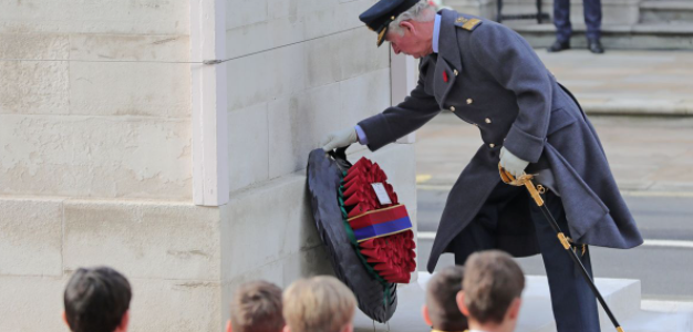 Prince Charles laying wreath of his own and one on behalf of the Queen at Cenotaph
