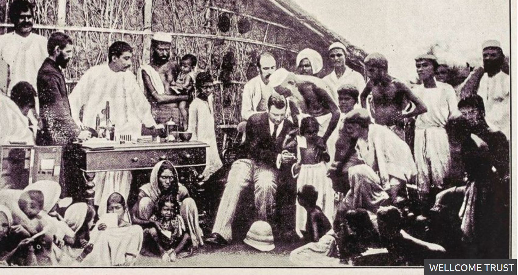 Haffkine inoculating cholrea affecred villagers in Calcutta