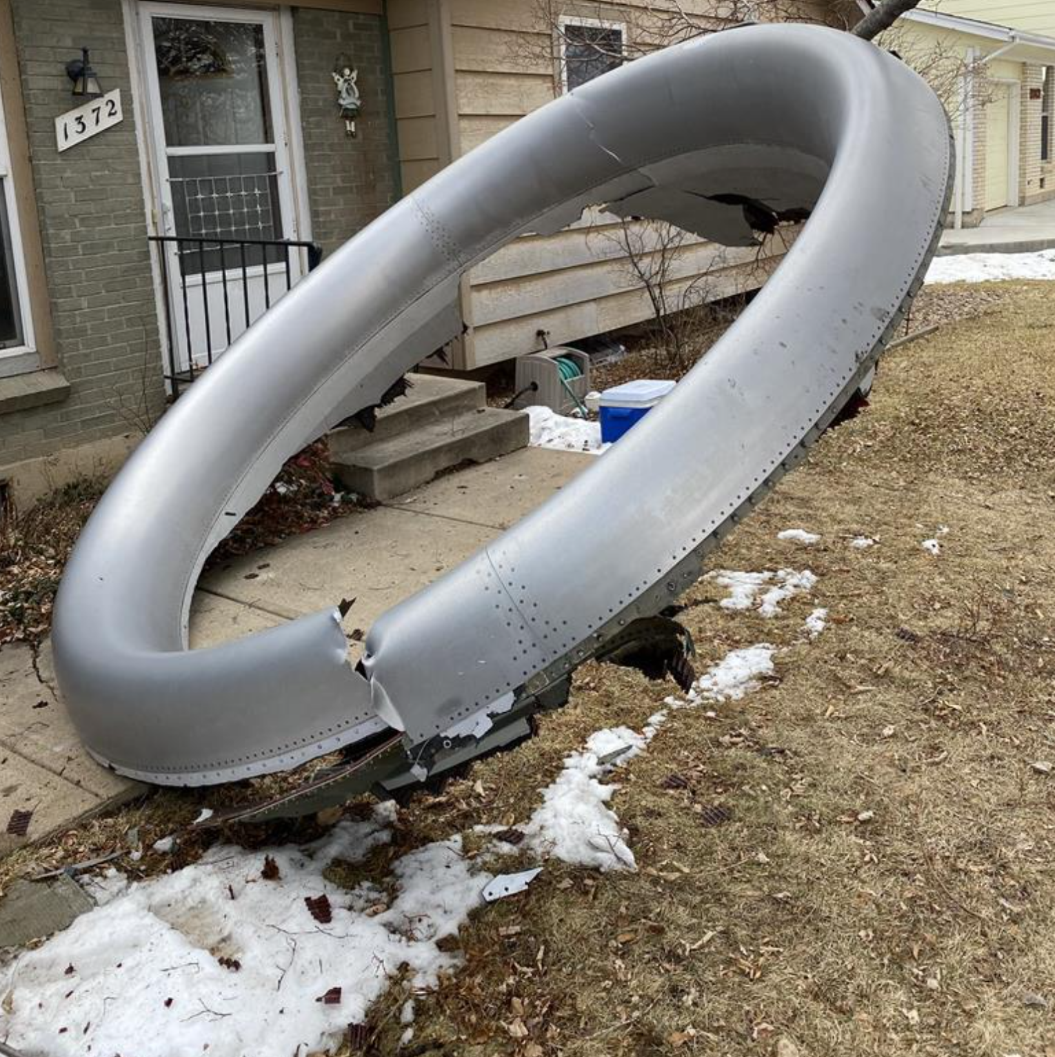 Parts of Engine from United Airlines Boeing 777-200 which fell near a housse outisde Denver, Colorado