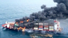 Burning container ship