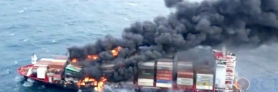 Burning container ship
