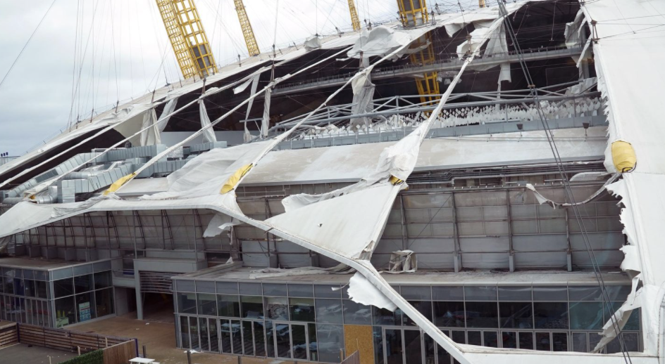 In London, O2 Arena's roof was shredded by Storm Eunice. 