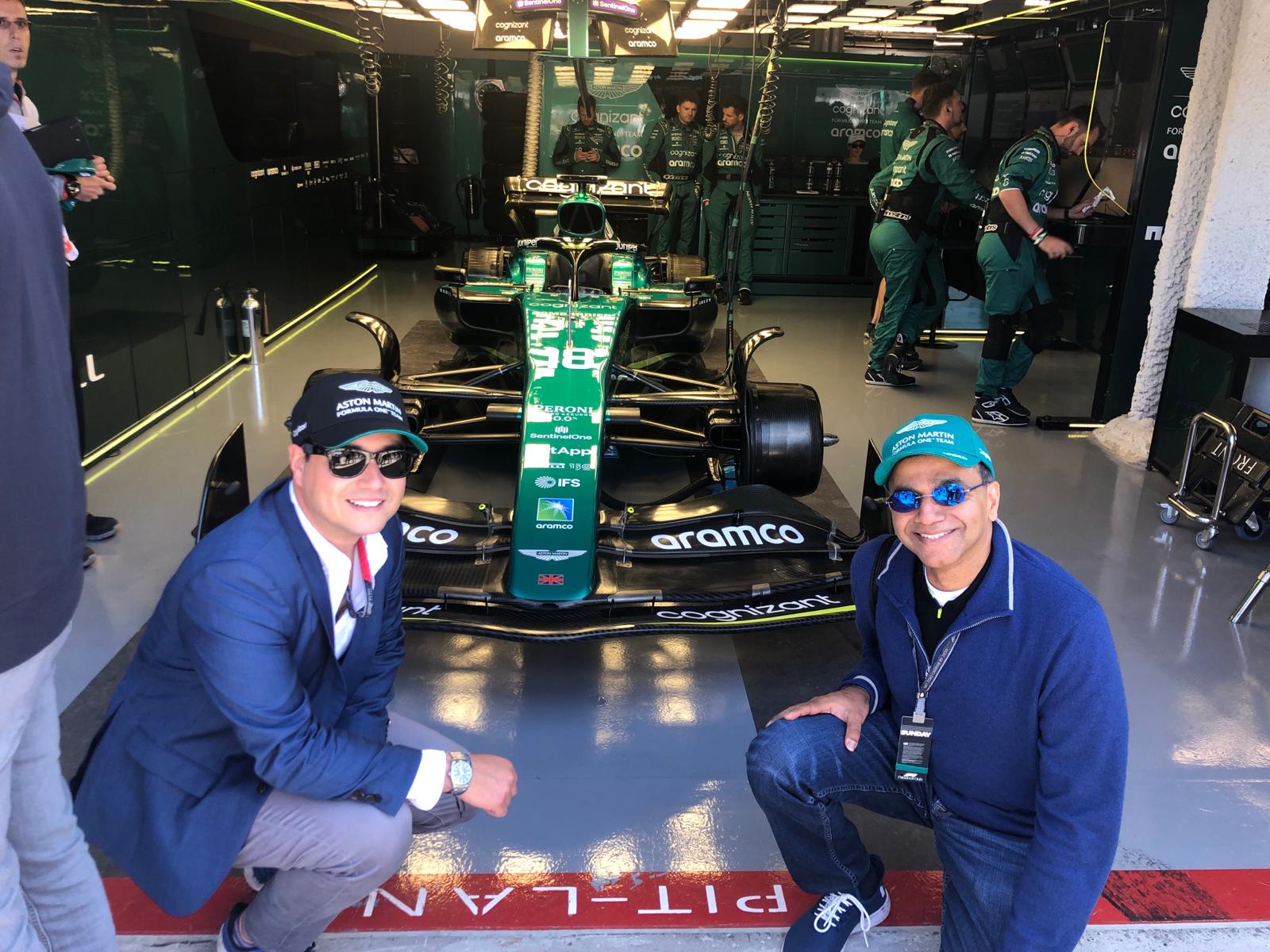 Manoj :Leelaniwas of Juniper and Laurence Nair with the Aston Marin F1 car.