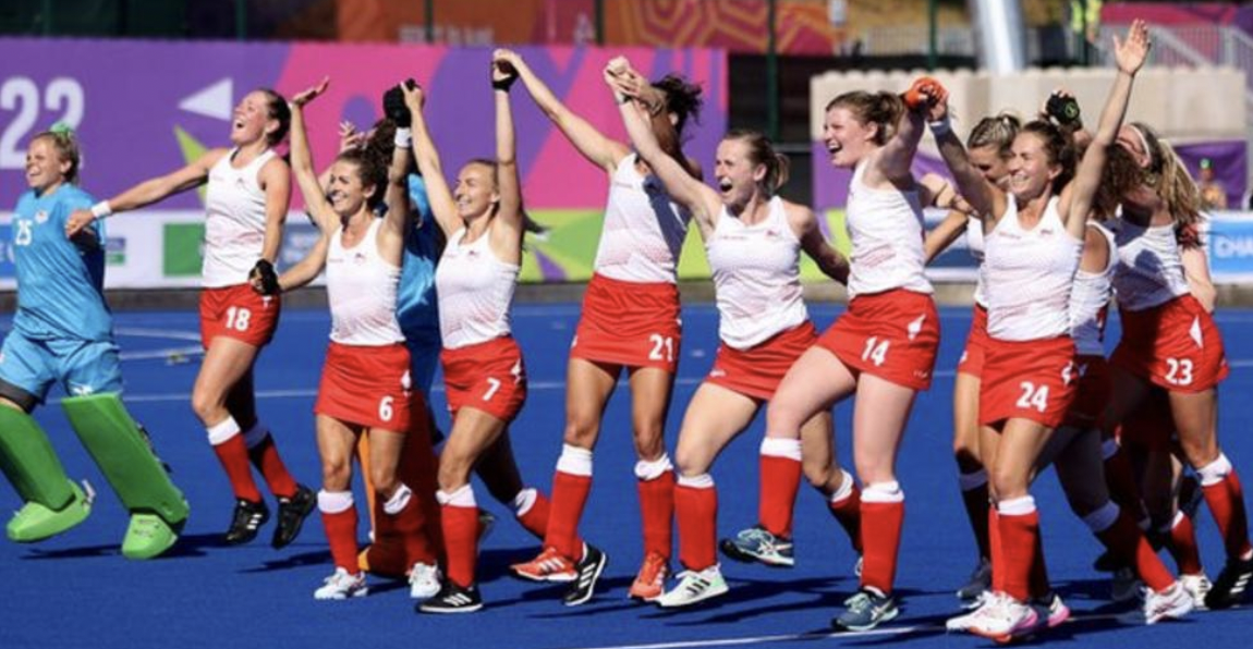 Victorious England women's hockey team after winning Commonwealth gold.