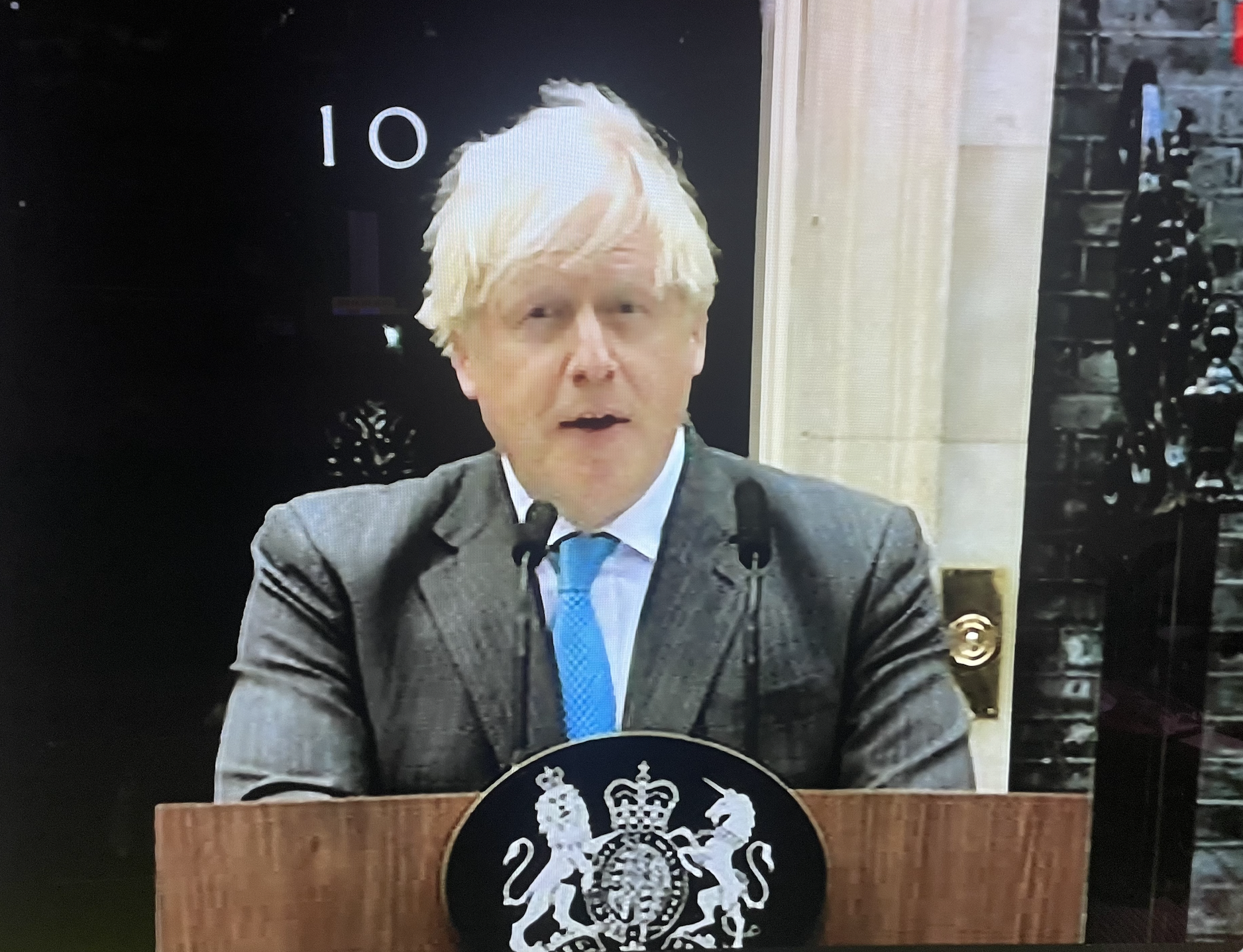Boris Johnson the outgoing Prime Minister offering his speech at No 10 Downing Street. 